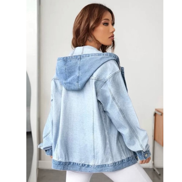 Shein EZwear Flap pocket Drawstring Hooded Light Blue Denim Jacket - Picture 4 of 7